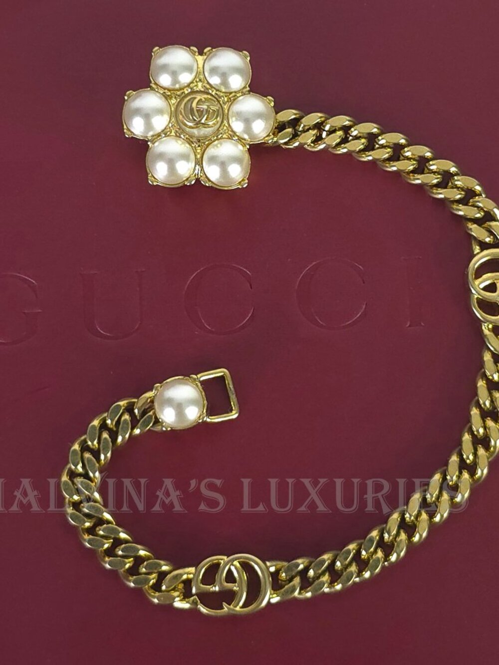 GUCCI BRACELET INTERLOCKING GG LOGO FAUX PEARL GOLD TONE CHAIN sz S SMALL - Picture 4 of 17